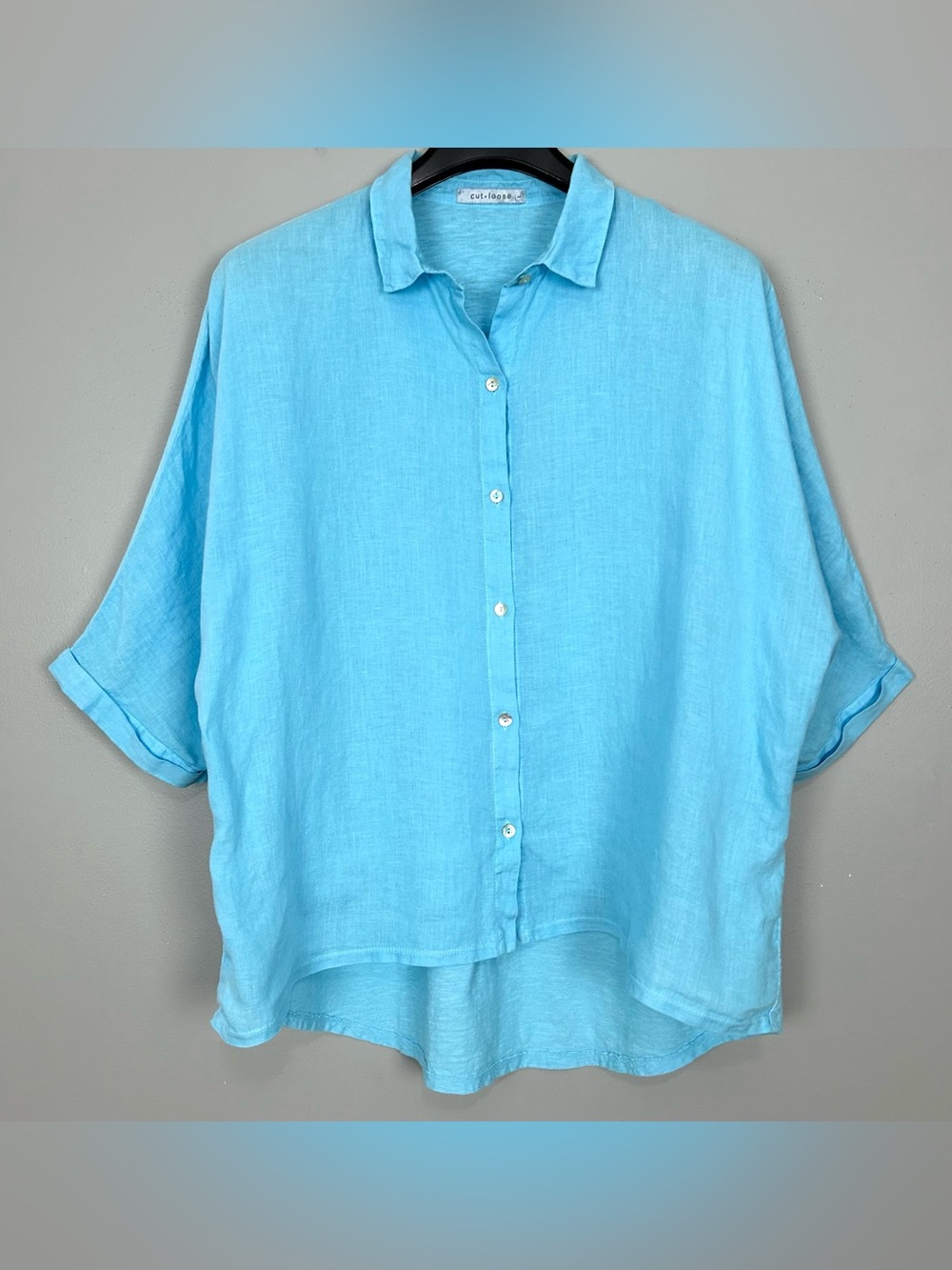 Cut Loose Linen Shirttail Top Women’s Size L Button Front Mixed Media Lagenlook